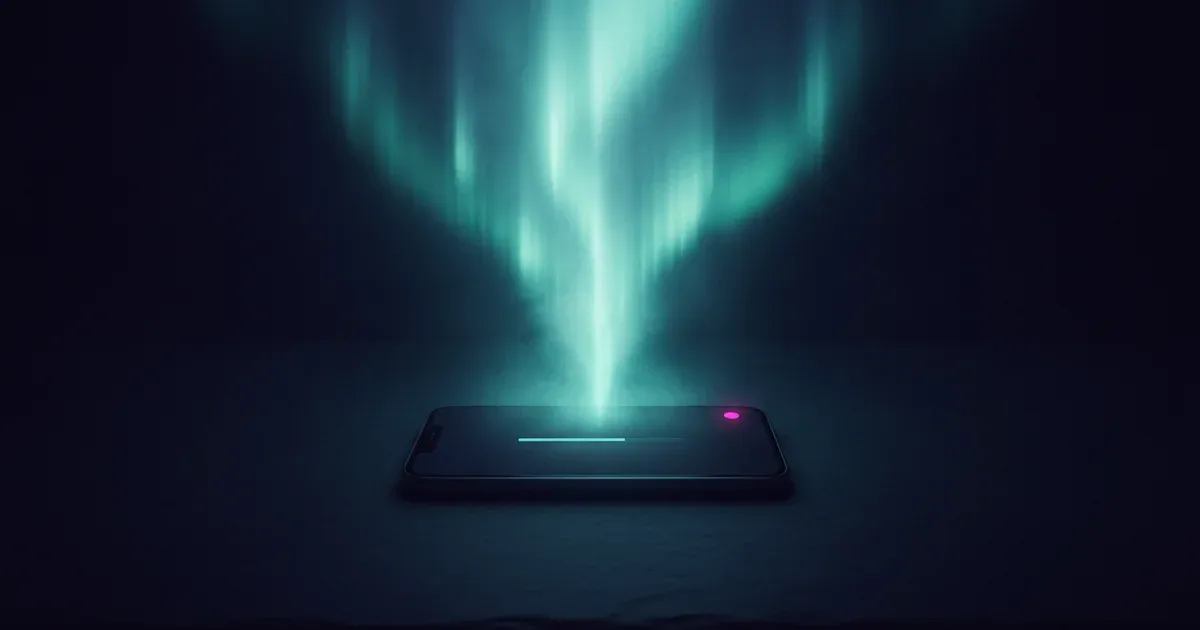 A smartphone lying flat on a dark surface showing a plain software update progress bar, whilst an enormous aurora of cyan and mint light erupts upward from the screen into the darkness, a single magenta notification dot glowing at the corner of the display. Cinematic dark editorial mood.