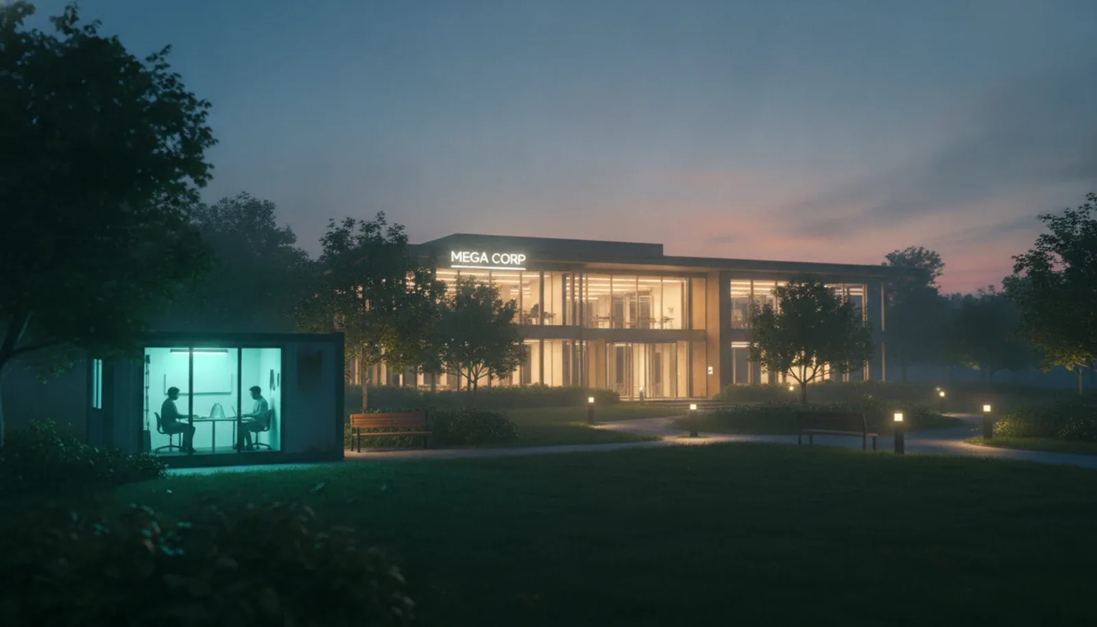 At dusk, a friendly modern low-rise office building with warmly lit glass windows and a rooftop sign reading 'Mega Corp' stands behind a neat lawn dotted with trees, shrubs and benches, its paved paths lit by low bollard lights. In the foreground to the left sits a small separate cabin, its windows glowing cyan, with two people working at laptops inside, a little outpost set apart from the main headquarters. The twilight sky is deep blue with a soft warm glow near the horizon.