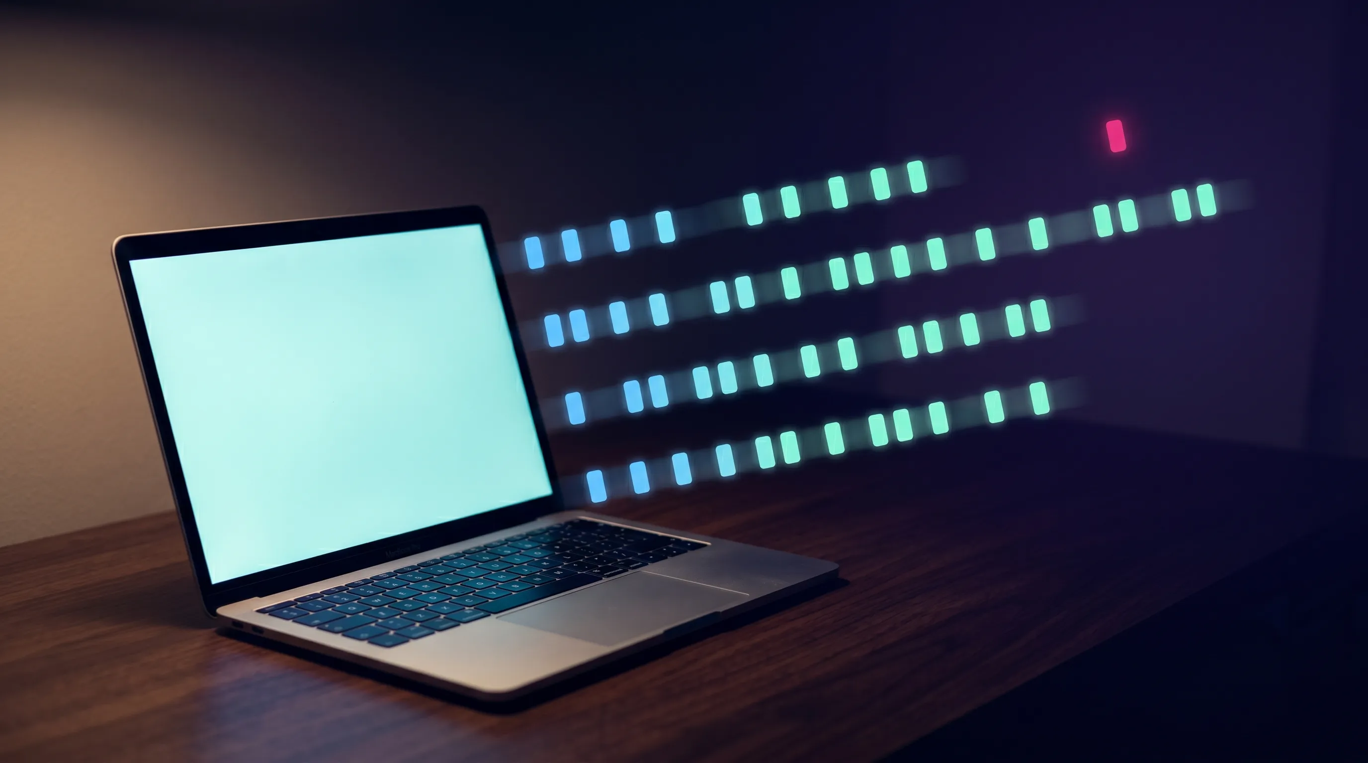 A modest laptop on a dark wooden desk at night, lid open, screen glowing cool cyan. Above the keyboard, parallel columns of small luminous tokens stream upward in a cyan-to-mint gradient, with one rogue token glowing magenta. Deep indigo and violet atmospheric shadow surrounds the scene. Cinematic dark editorial mood.