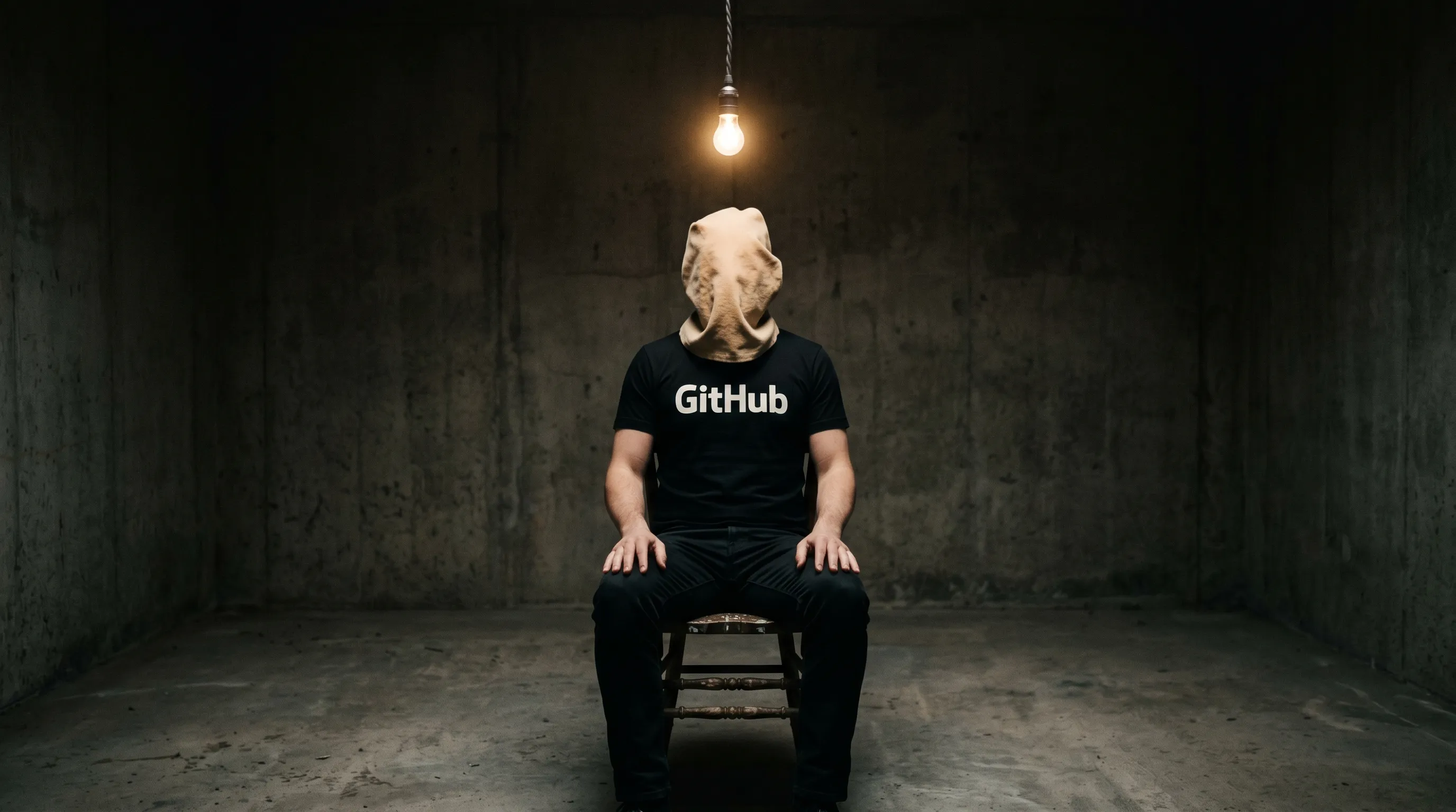 Dimly lit concrete-walled room with a single bare incandescent bulb hanging from a long cord directly overhead. A man sits on a battered wooden chair beneath the bulb, hands resting on his thighs, wearing a fitted plain black t-shirt with 'GitHub' across the chest in bold white sans-serif letters. His head and face are covered by a plain beige canvas hood. Hard top-down chiaroscuro lighting from the bulb; deep shadows fall off into the corners of the room.