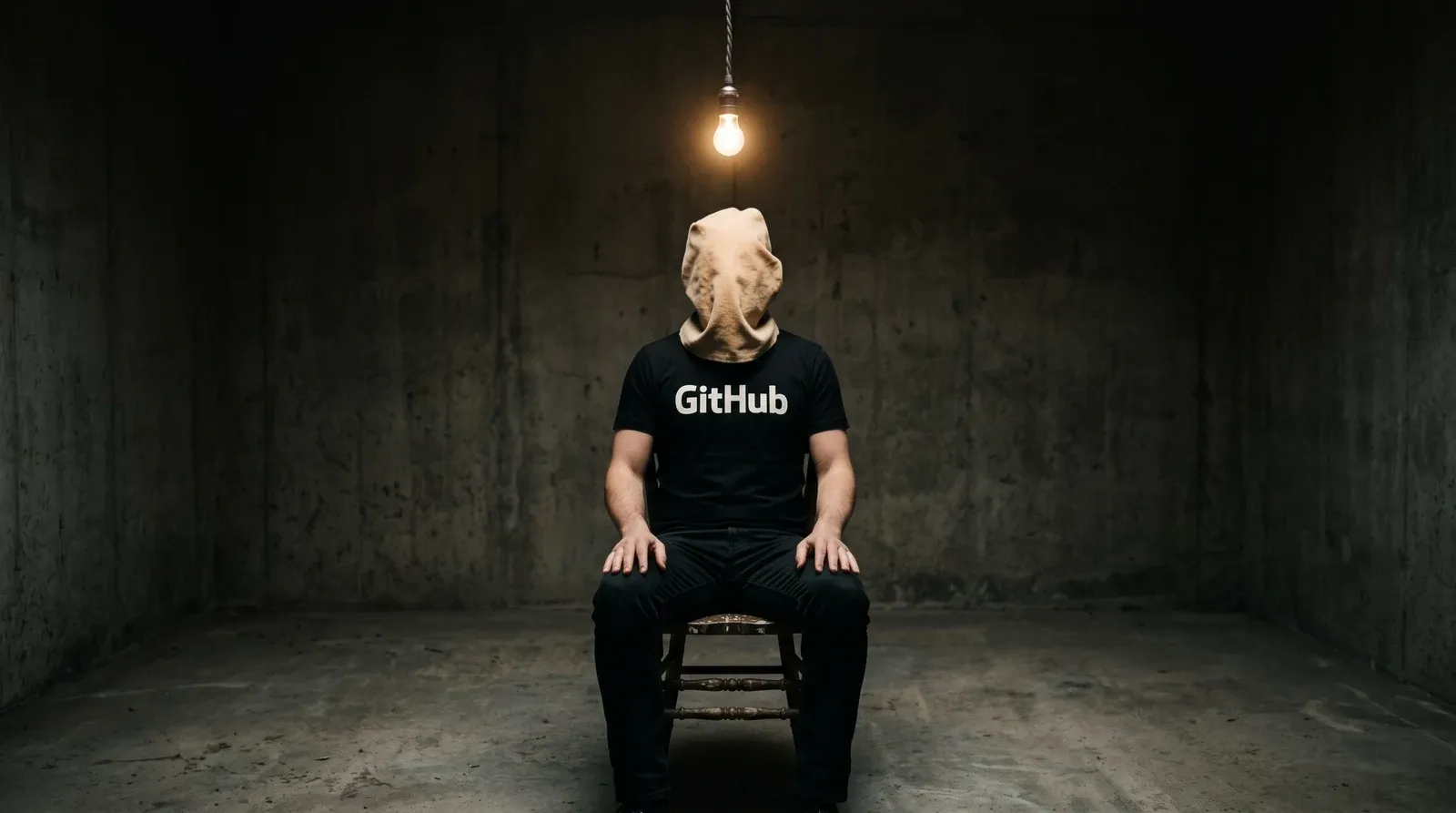 Dimly lit concrete-walled room with a single bare incandescent bulb hanging from a long cord directly overhead. A man sits on a battered wooden chair beneath the bulb, hands resting on his thighs, wearing a fitted plain black t-shirt with 'GitHub' across the chest in bold white sans-serif letters. His head and face are covered by a plain beige canvas hood. Hard top-down chiaroscuro lighting from the bulb; deep shadows fall off into the corners of the room.