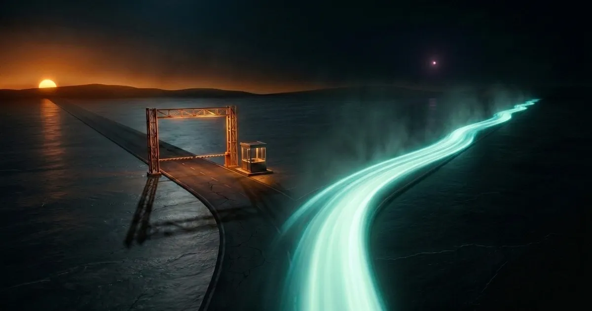 A wide dark expanse of polished black slate at dusk. On the left, an old toll gate glows in deep amber - a gantry barrier with a small lit booth beside it - its empty road leading off towards a low sun half-sunk on the horizon beneath a band of burnt-orange light. Sweeping in from the foreground and curving away to the right is a luminous river of cyan-to-mint light, flowing smoothly into the night. A single small magenta point of light glows faintly in the upper-right deep distance.