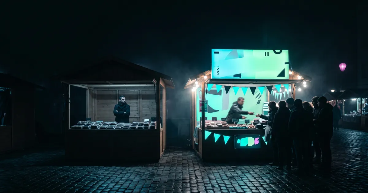Two identical timber market stalls side by side on a wet cobbled night-market street. The left stall is bare and unannounced: no signage, no banners, a single vendor standing alone behind the counter with arms folded, no customers anywhere near the goods laid out in neat rows. The right stall is the same construction but transformed by attention: a huge backlit signboard glows cyan-to-mint above it, cyan-edged bunting strung across its frame, festoon lights along the eaves, and a thick crowd of silhouetted customers presses against the counter as the vendor leans forward to serve them. A single small magenta paper lantern glows faintly in the upper-right deep distance.