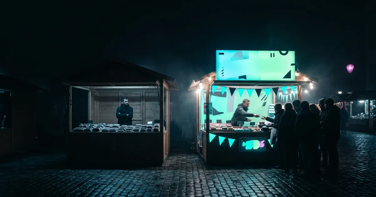 Two identical timber market stalls side by side on a wet cobbled night-market street. The left stall is bare and unannounced: no signage, no banners, a single vendor standing alone behind the counter with arms folded, no customers anywhere near the goods laid out in neat rows. The right stall is the same construction but transformed by attention: a huge backlit signboard glows cyan-to-mint above it, cyan-edged bunting strung across its frame, festoon lights along the eaves, and a thick crowd of silhouetted customers presses against the counter as the vendor leans forward to serve them. A single small magenta paper lantern glows faintly in the upper-right deep distance.