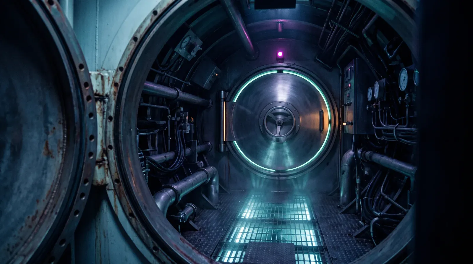 Inside a submarine airlock chamber at night, looking through the open near pressure door toward a sealed circular steel door rimmed with a glowing mint status ring, a single magenta indicator lamp above it, condensation mist catching cyan light from the floor grates, deep ink-blue and violet shadow all around. Cinematic dark editorial mood.