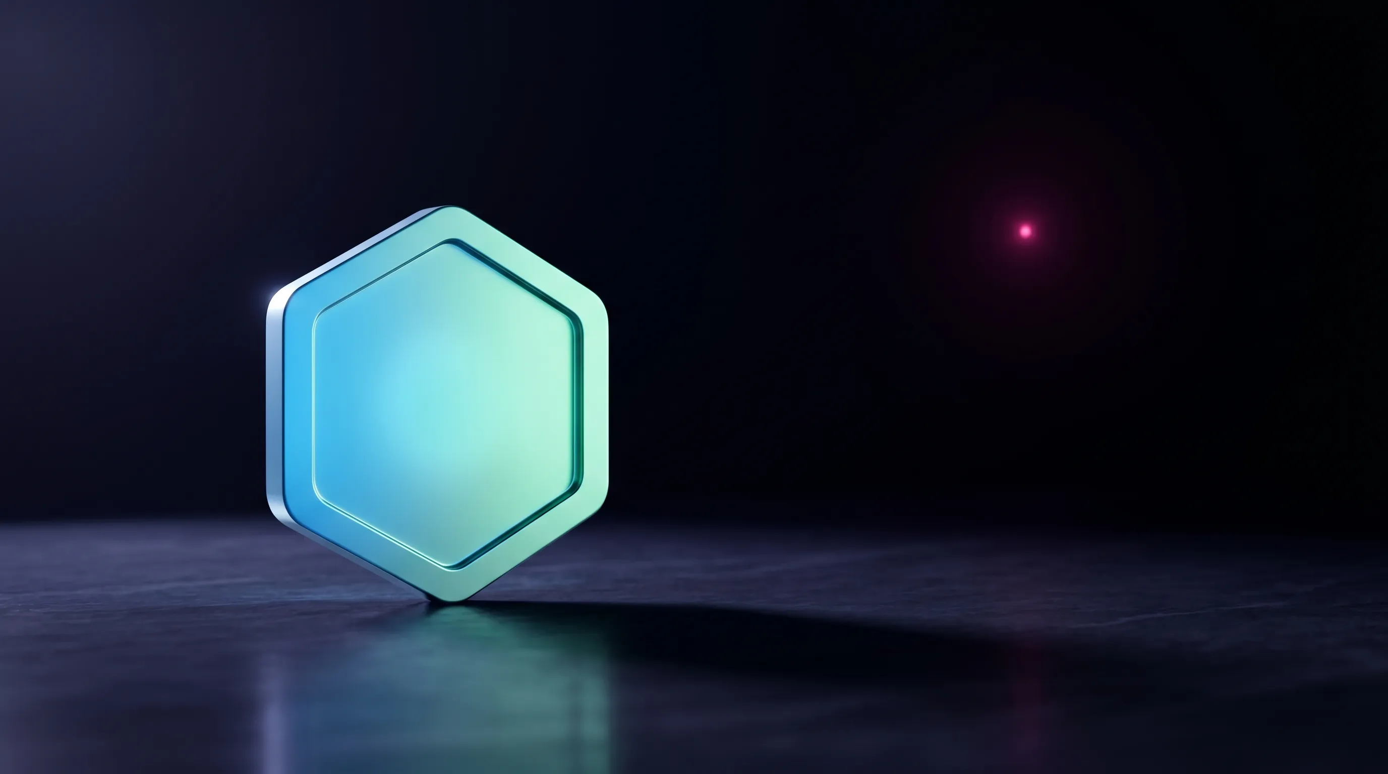 A single luminous hexagonal token with a cyan-to-mint gradient stands upright on a dark polished slate surface, casting a long soft shadow. In the upper-right negative space, a single small magenta point of light glows faintly in the deep ink-black distance.