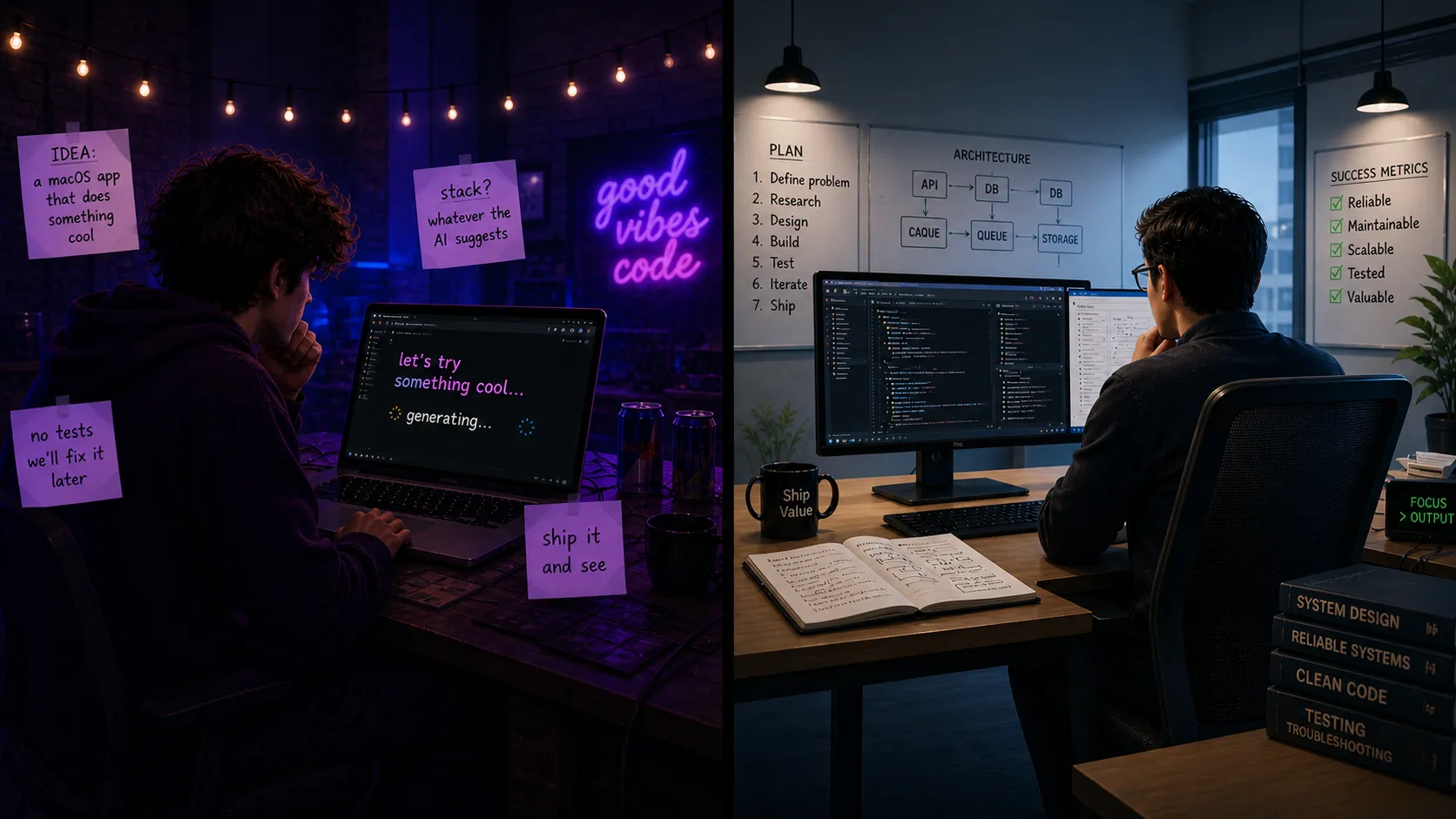 Split-panel cinematic illustration. Left: a developer hunched over a single laptop in dim neon-lit chaos, sticky notes everywhere reading 'idea', 'no tests we'll fix later', 'ship it', and 'good vibes code'. Right: an engineer at a clean multi-monitor desk with an architecture diagram, an open notebook, and labelled boxes - system design, reliable systems, clean code.